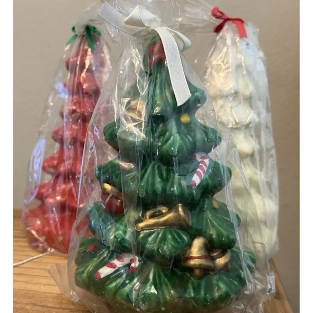 Vintage Wax Christmas Trees Novelty Candle Figures Red White Green Lot of 3